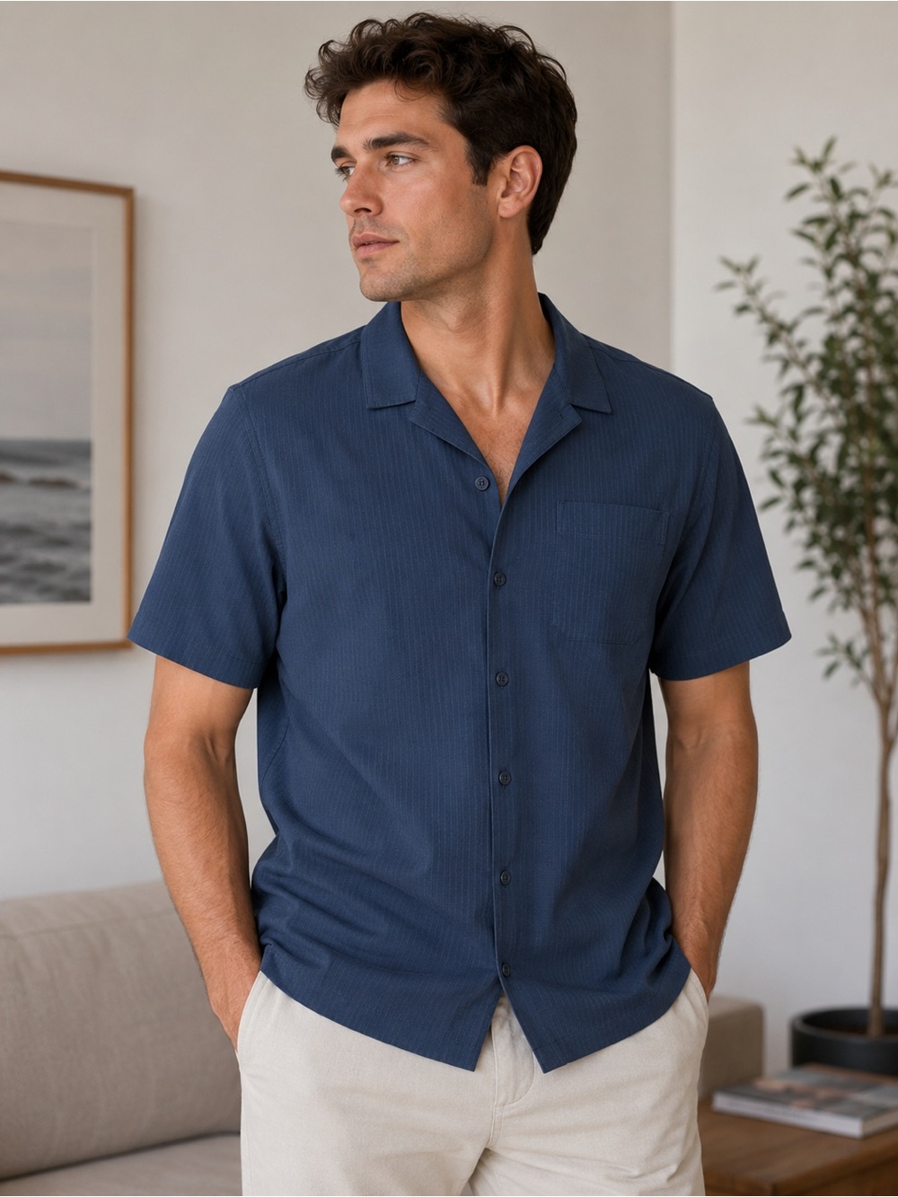 VRST Large Men’s Casual Navy Button Front Short Sleeve Shirt Gold Business